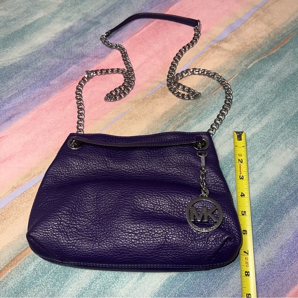 Michael Kors Tote Shoulder Bag Purple Leather Silver Tone Chain Logo MK Small - Picture 9 of 9